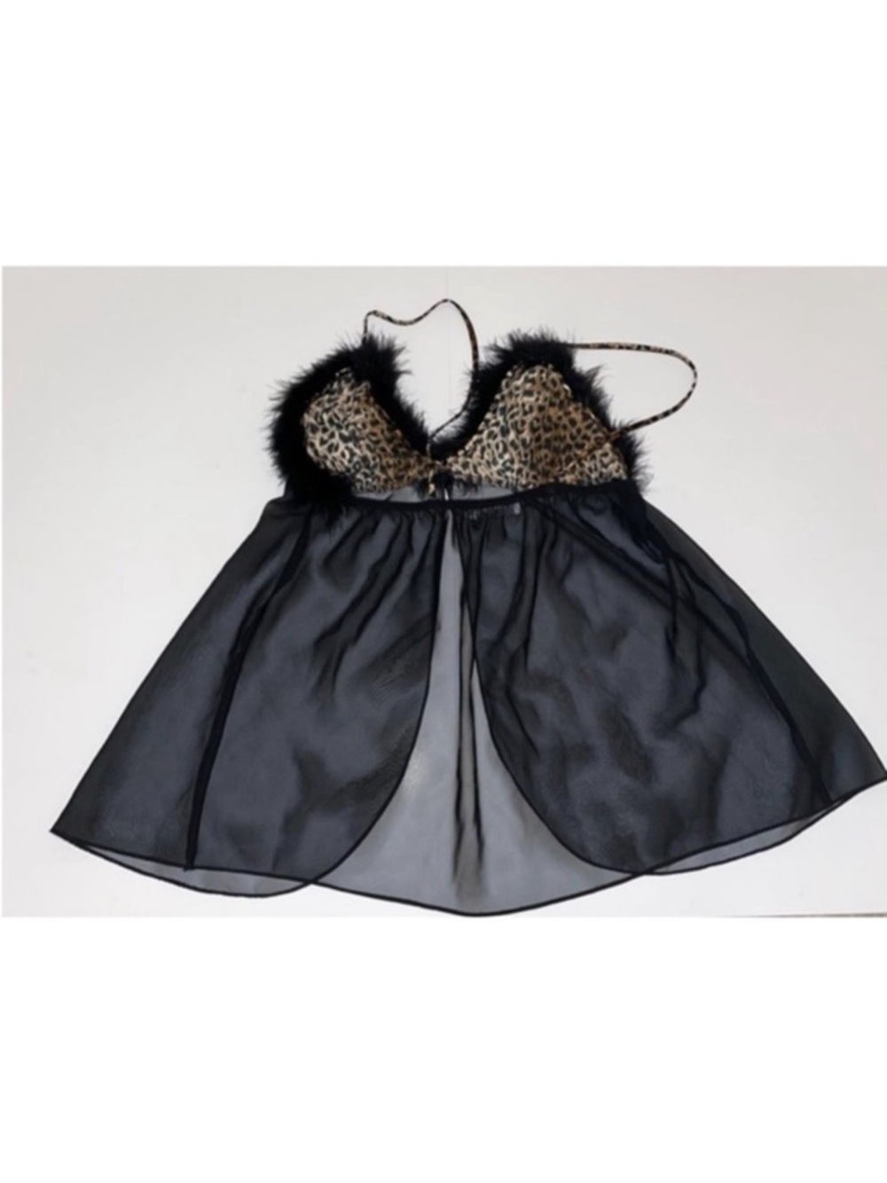 Seductive Wear by Cinema Etoile black leopard feather sheer babydoll cami size L